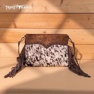 Trinity Ranch Black and Brown Patterned Crossbody Bag with Fringe